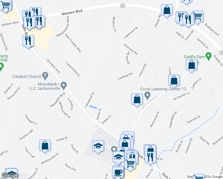 map of restaurants, bars, coffee shops, grocery stores, and more near 123 Cardinal Road in Jacksonville