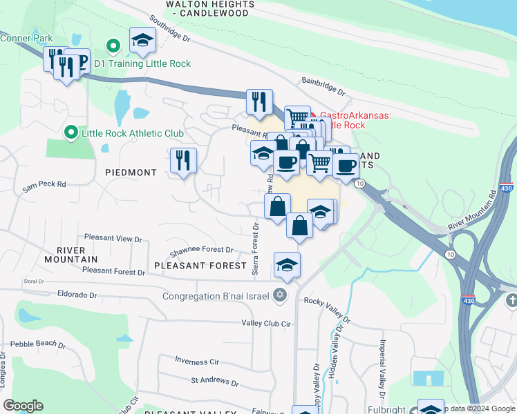 map of restaurants, bars, coffee shops, grocery stores, and more near 5 Cedar Branch Drive in Little Rock