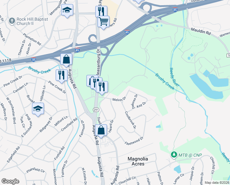 map of restaurants, bars, coffee shops, grocery stores, and more near 9 Melvin Drive in Greenville