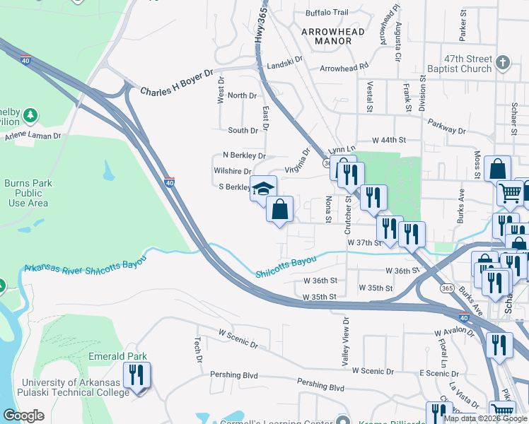 map of restaurants, bars, coffee shops, grocery stores, and more near 3901 Virginia Drive in North Little Rock