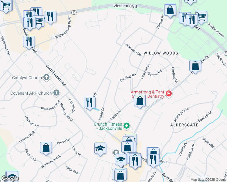 map of restaurants, bars, coffee shops, grocery stores, and more near 123 Cardinal Road in Jacksonville