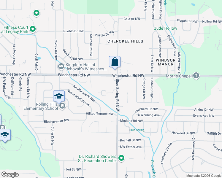 map of restaurants, bars, coffee shops, grocery stores, and more near 5025 Blue Spring Road Northwest in Huntsville