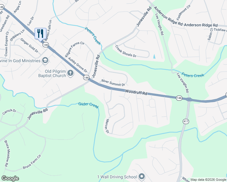 map of restaurants, bars, coffee shops, grocery stores, and more near 1 Twinings Drive in Simpsonville