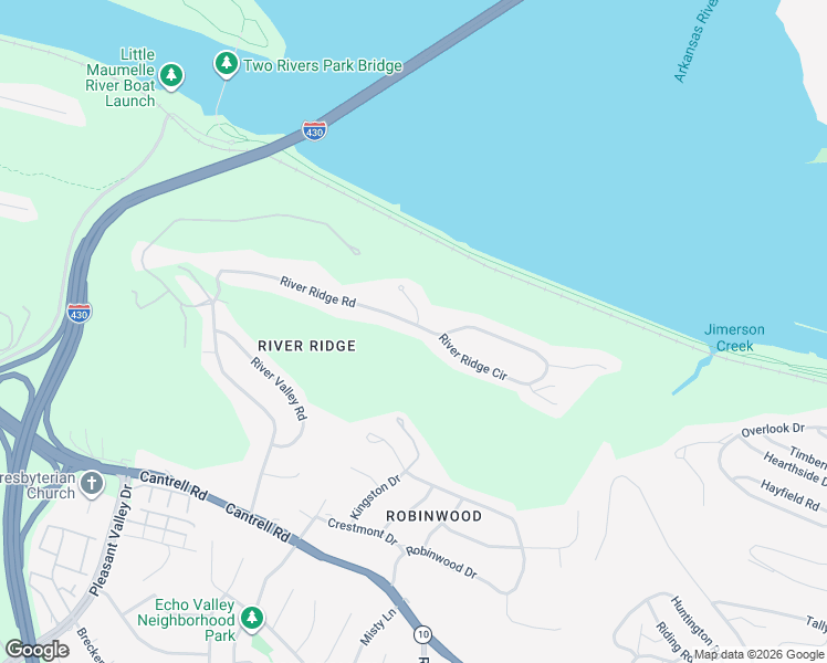 map of restaurants, bars, coffee shops, grocery stores, and more near 65 River Ridge Road in Little Rock