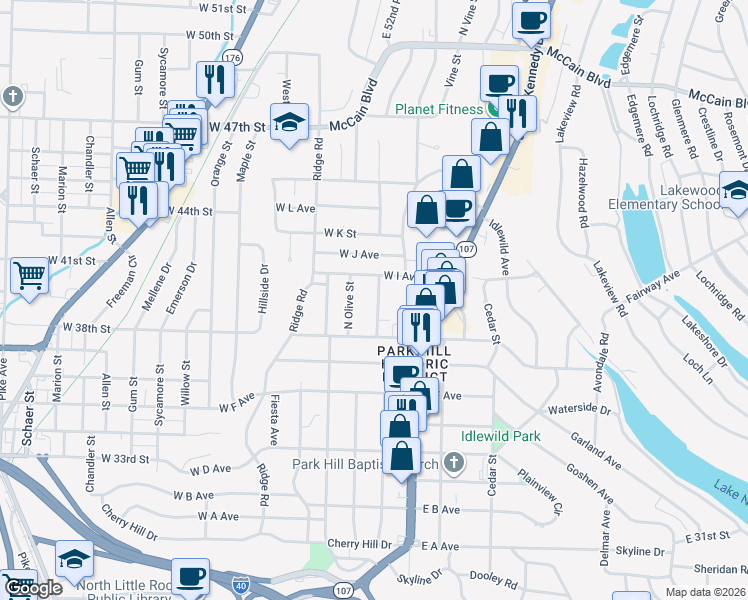 map of restaurants, bars, coffee shops, grocery stores, and more near 3811 North Cypress Street in North Little Rock