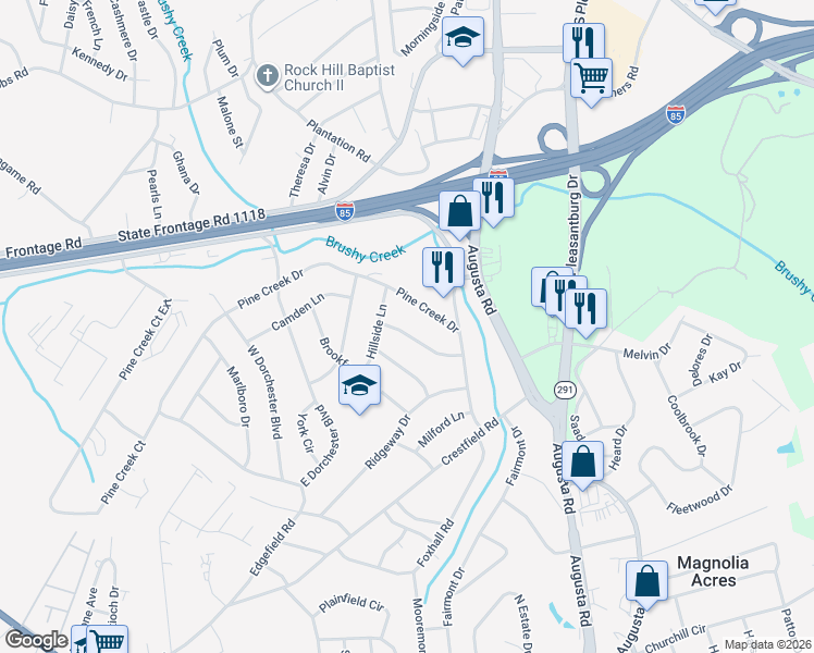 map of restaurants, bars, coffee shops, grocery stores, and more near 15 Piney Woods Lane in Greenville
