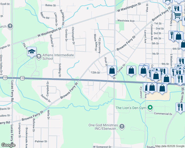 map of restaurants, bars, coffee shops, grocery stores, and more near 1306 US Highway 72 West in Athens