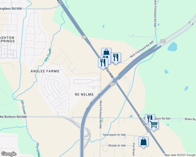 map of restaurants, bars, coffee shops, grocery stores, and more near 710 Nick Fitcheard Road Northwest in Huntsville