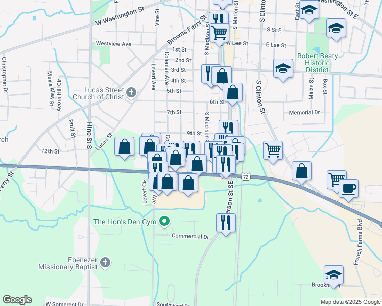 map of restaurants, bars, coffee shops, grocery stores, and more near 1504 South Houston Street in Athens
