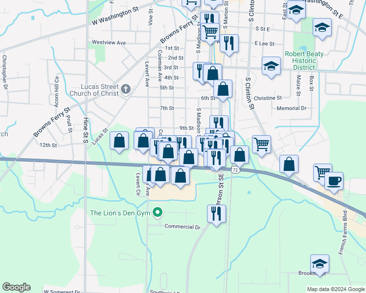 map of restaurants, bars, coffee shops, grocery stores, and more near 1505 South Houston Street in Athens