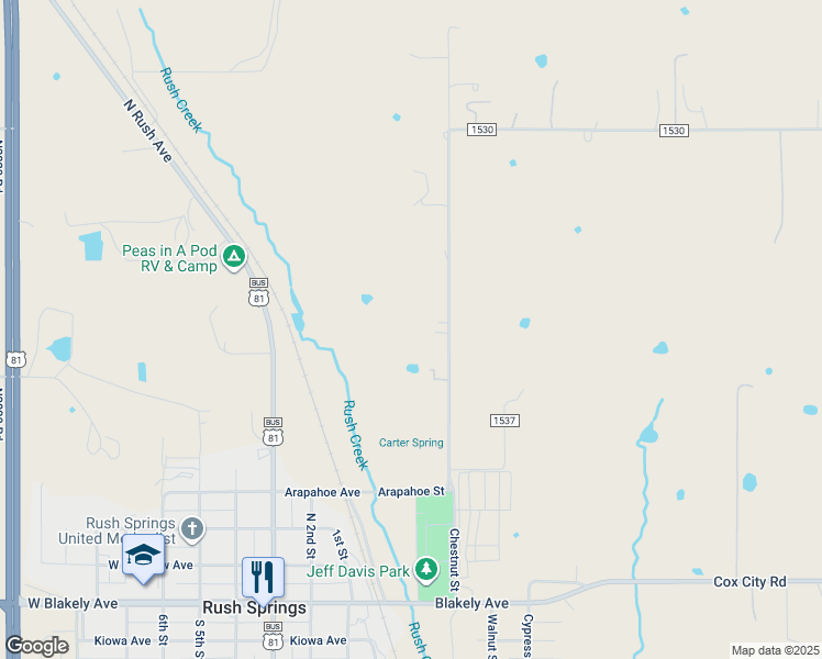 map of restaurants, bars, coffee shops, grocery stores, and more near 4150 County Street 2830 in Rush Springs
