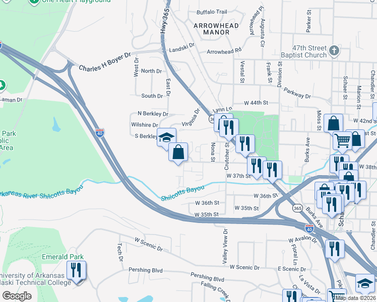 map of restaurants, bars, coffee shops, grocery stores, and more near 5 Sweet Rose Lane in North Little Rock