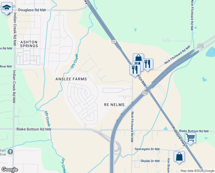 map of restaurants, bars, coffee shops, grocery stores, and more near 710 Nick Fitcheard Road Northwest in Huntsville