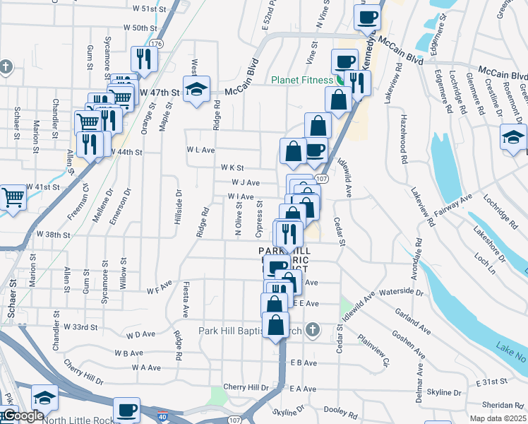 map of restaurants, bars, coffee shops, grocery stores, and more near 3916 North Cypress Street in North Little Rock