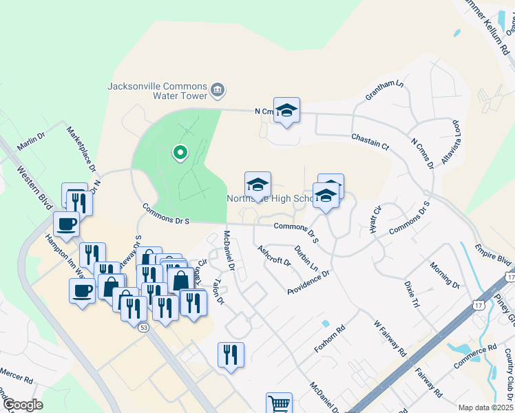 map of restaurants, bars, coffee shops, grocery stores, and more near 315 Commons Drive South in Jacksonville