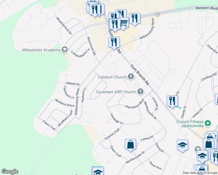 map of restaurants, bars, coffee shops, grocery stores, and more near 315 Iverleigh Lane in Jacksonville