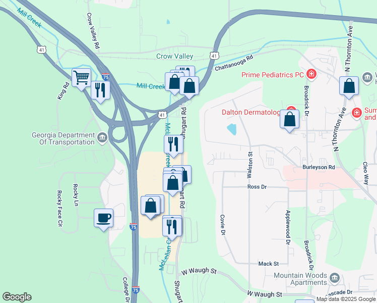 map of restaurants, bars, coffee shops, grocery stores, and more near Shugart Road in Dalton