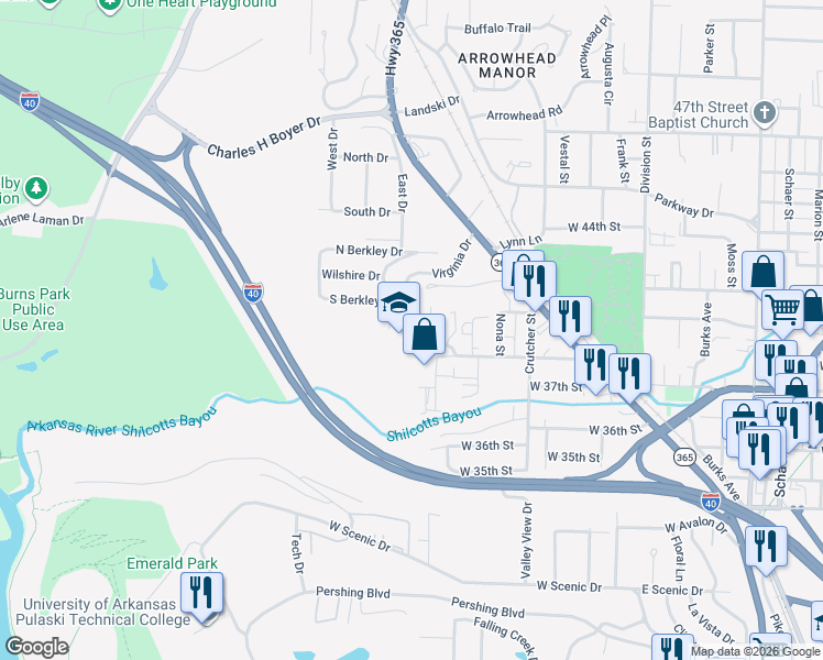 map of restaurants, bars, coffee shops, grocery stores, and more near 3901 Virginia Drive in North Little Rock