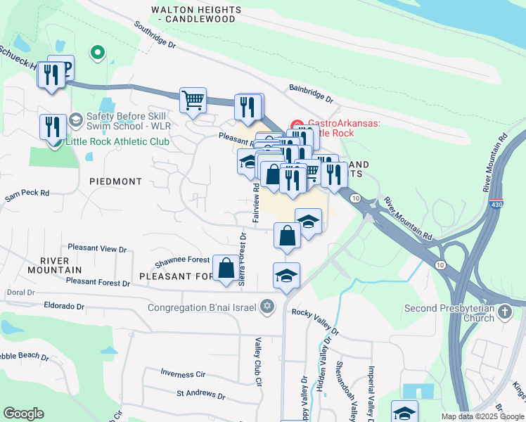 map of restaurants, bars, coffee shops, grocery stores, and more near 11820 Fairview Road in Little Rock
