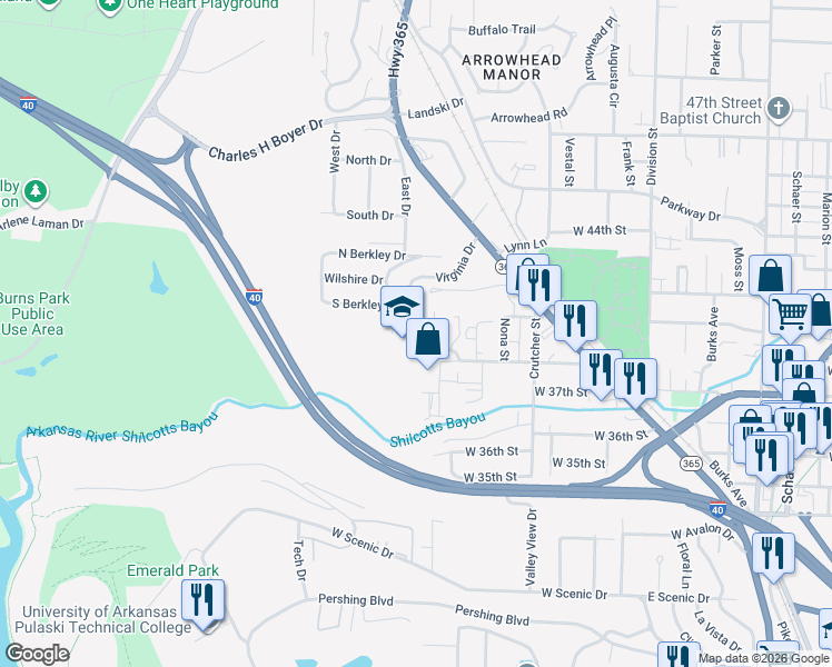 map of restaurants, bars, coffee shops, grocery stores, and more near 3902 Virginia Drive in North Little Rock