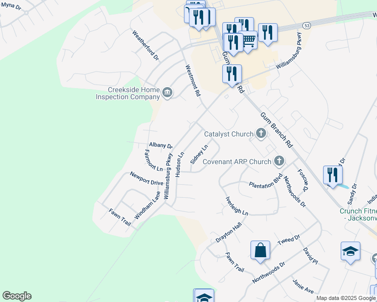 map of restaurants, bars, coffee shops, grocery stores, and more near 115 Hudson Lane in Jacksonville