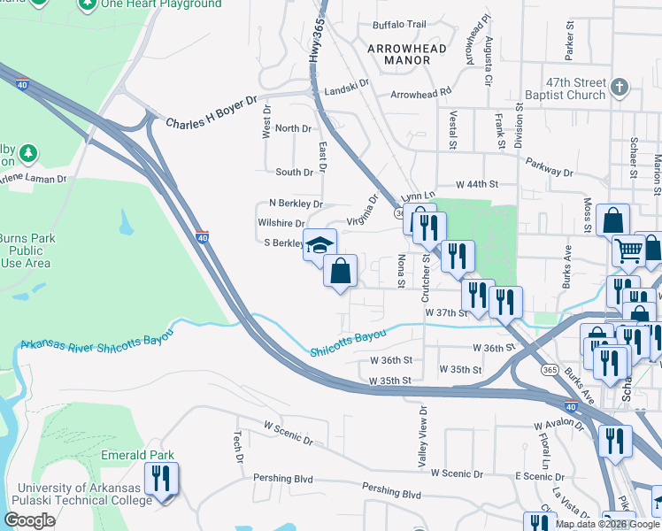 map of restaurants, bars, coffee shops, grocery stores, and more near 3902 Virginia Drive in North Little Rock