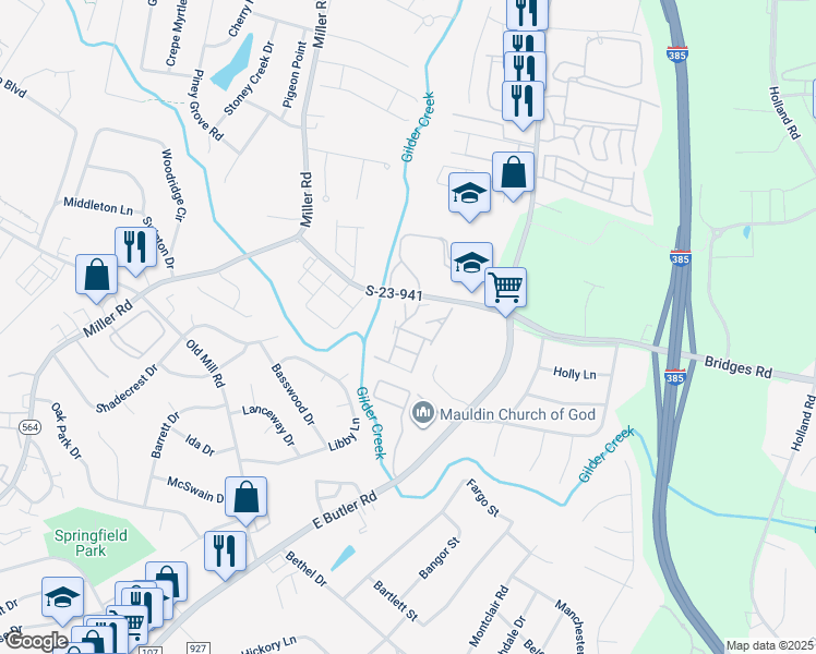 map of restaurants, bars, coffee shops, grocery stores, and more near 402 Queene Street in Mauldin