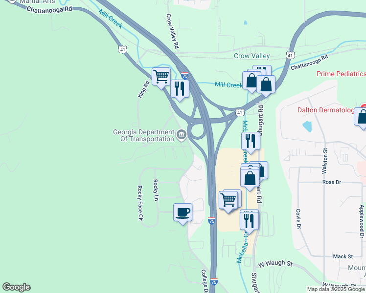map of restaurants, bars, coffee shops, grocery stores, and more near 2209 Old Ivy Way in Dalton