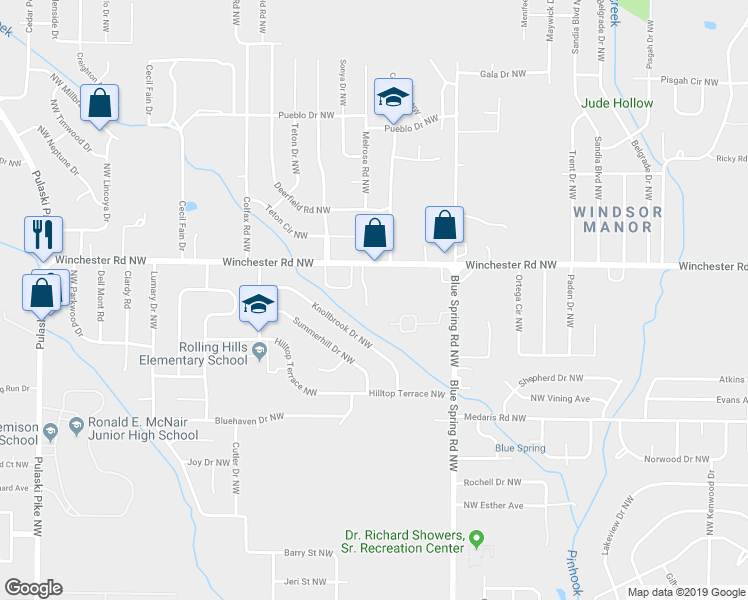 map of restaurants, bars, coffee shops, grocery stores, and more near 5000 Chancellor Square in Huntsville