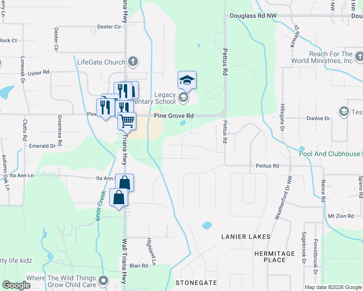 map of restaurants, bars, coffee shops, grocery stores, and more near Timber Creek Drive in Madison County