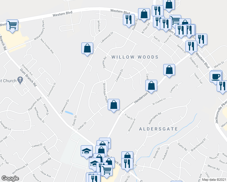 map of restaurants, bars, coffee shops, grocery stores, and more near 204 Linwood Drive in Jacksonville
