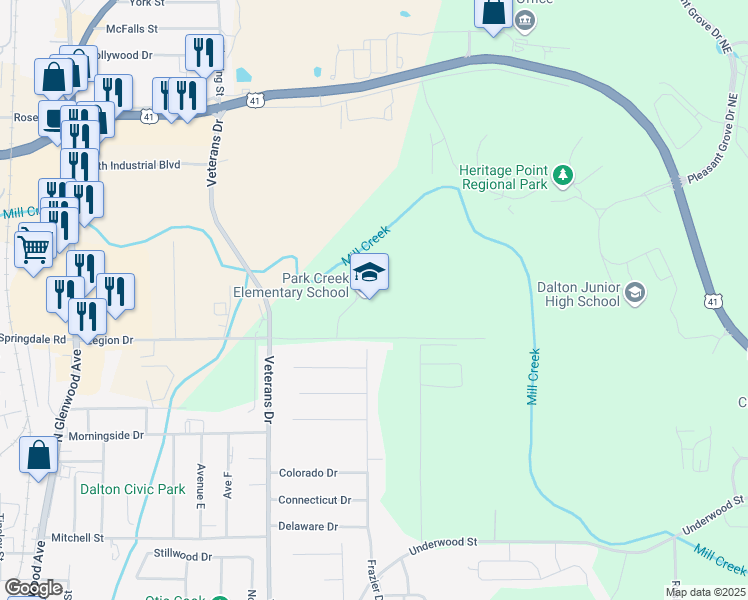 map of restaurants, bars, coffee shops, grocery stores, and more near 1500 Hale Bowen Drive in Dalton