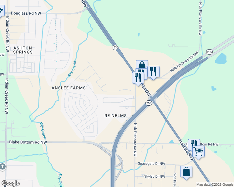 map of restaurants, bars, coffee shops, grocery stores, and more near 782 Nick Fitcheard Road Northwest in Huntsville
