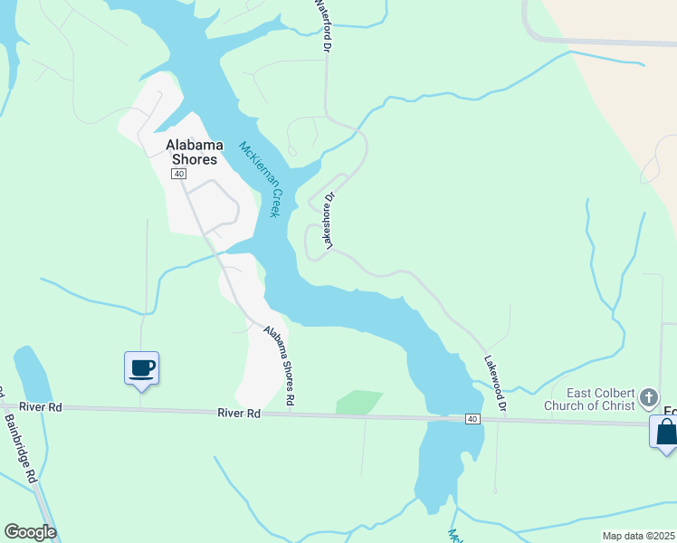 map of restaurants, bars, coffee shops, grocery stores, and more near Lakeshore Drive in Muscle Shoals