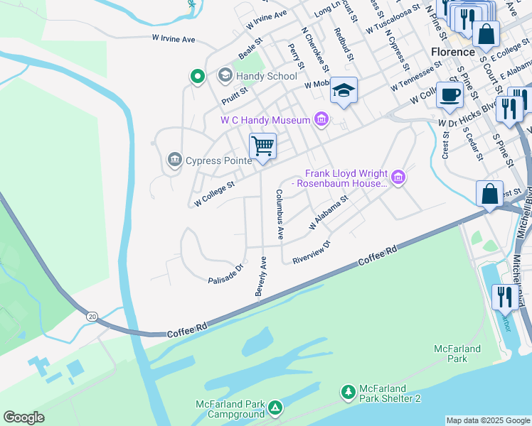 map of restaurants, bars, coffee shops, grocery stores, and more near 321 Beverly Avenue in Florence
