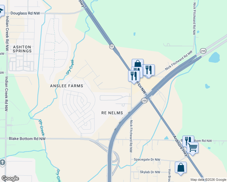 map of restaurants, bars, coffee shops, grocery stores, and more near 782 Nick Fitcheard Road Northwest in Huntsville