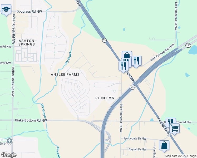 map of restaurants, bars, coffee shops, grocery stores, and more near 710 Nick Fitcheard Road Northwest in Huntsville