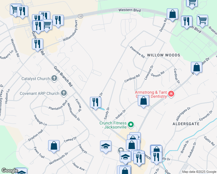 map of restaurants, bars, coffee shops, grocery stores, and more near 155A Lakewood Drive in Jacksonville