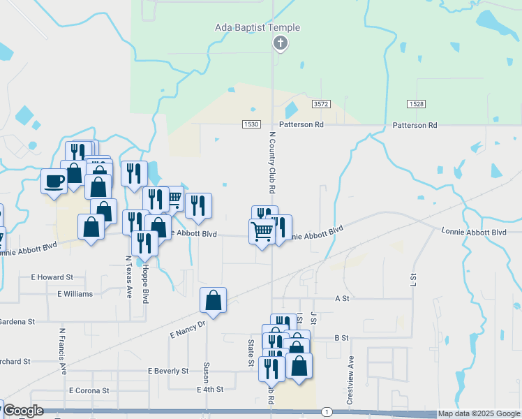 map of restaurants, bars, coffee shops, grocery stores, and more near 1630 Lonnie Abbott Boulevard in Ada