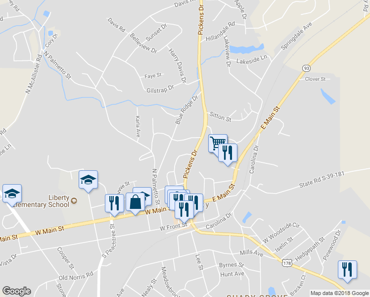 map of restaurants, bars, coffee shops, grocery stores, and more near 25 Highland Terrace in Liberty