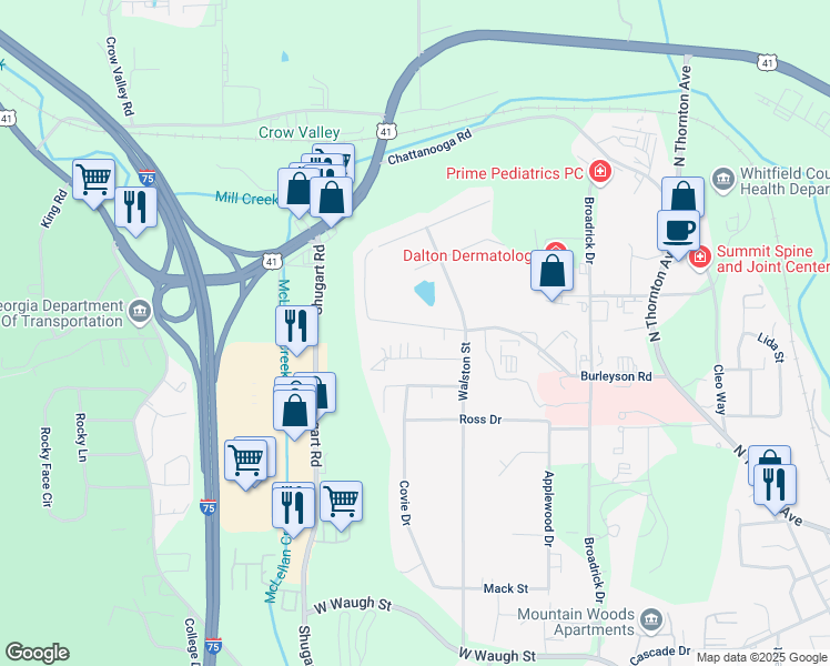 map of restaurants, bars, coffee shops, grocery stores, and more near 1306 Moice Drive in Dalton