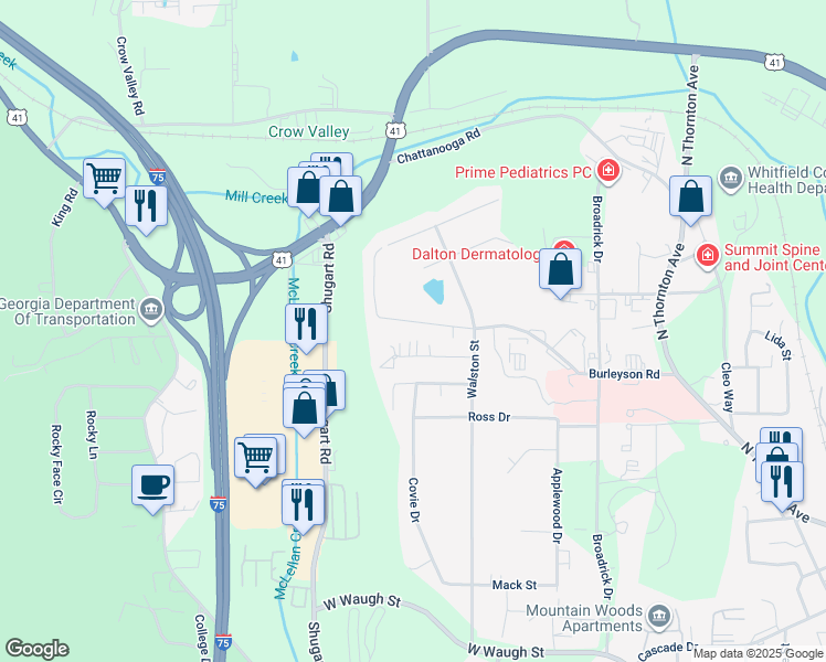map of restaurants, bars, coffee shops, grocery stores, and more near 1306 Moice Drive in Dalton
