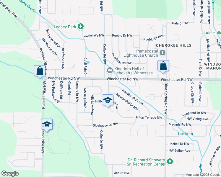 map of restaurants, bars, coffee shops, grocery stores, and more near 5016 Rolling Hills Drive Northwest in Huntsville