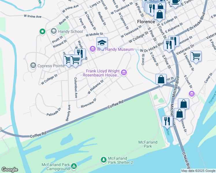 map of restaurants, bars, coffee shops, grocery stores, and more near Riverview Drive in Florence