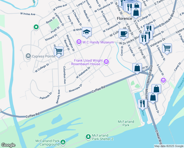 map of restaurants, bars, coffee shops, grocery stores, and more near Riverview Drive in Florence