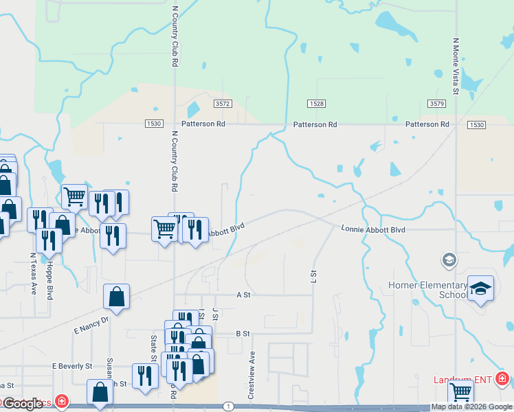 map of restaurants, bars, coffee shops, grocery stores, and more near 2020 Lonnie Abbott Boulevard in Ada
