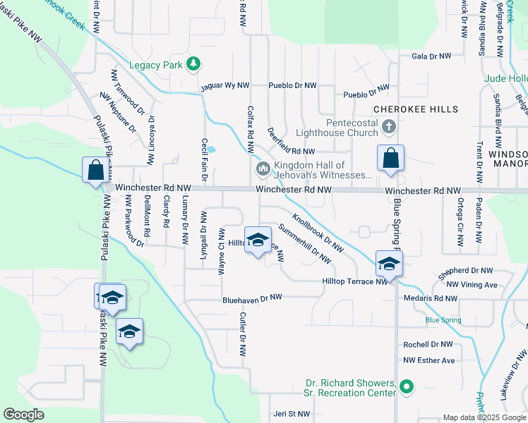 map of restaurants, bars, coffee shops, grocery stores, and more near 5016 Rolling Hills Drive Northwest in Huntsville