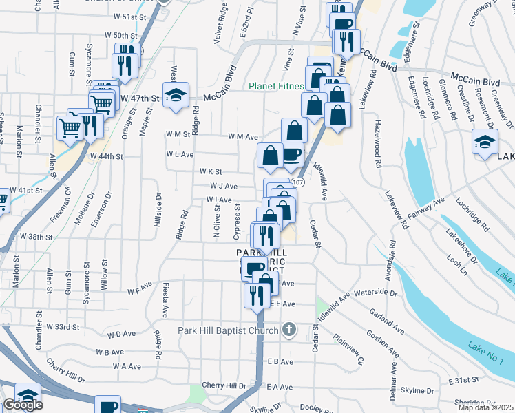 map of restaurants, bars, coffee shops, grocery stores, and more near 114 West I Avenue in North Little Rock