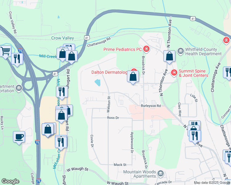 map of restaurants, bars, coffee shops, grocery stores, and more near 1230 Moice Drive in Dalton