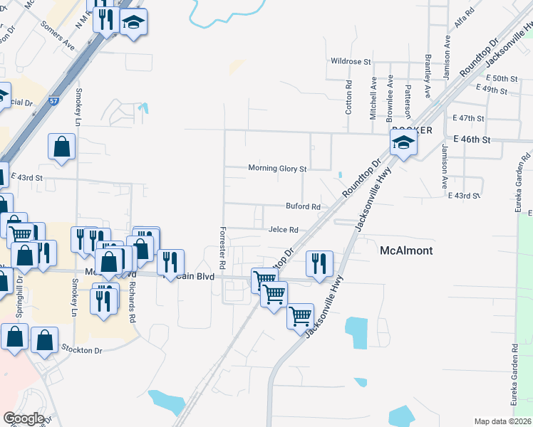 map of restaurants, bars, coffee shops, grocery stores, and more near 5201 Buford Road in North Little Rock